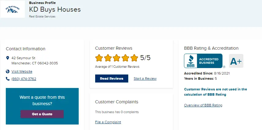 5 Star BBB rating for cash home buying company KD Buys Houses
