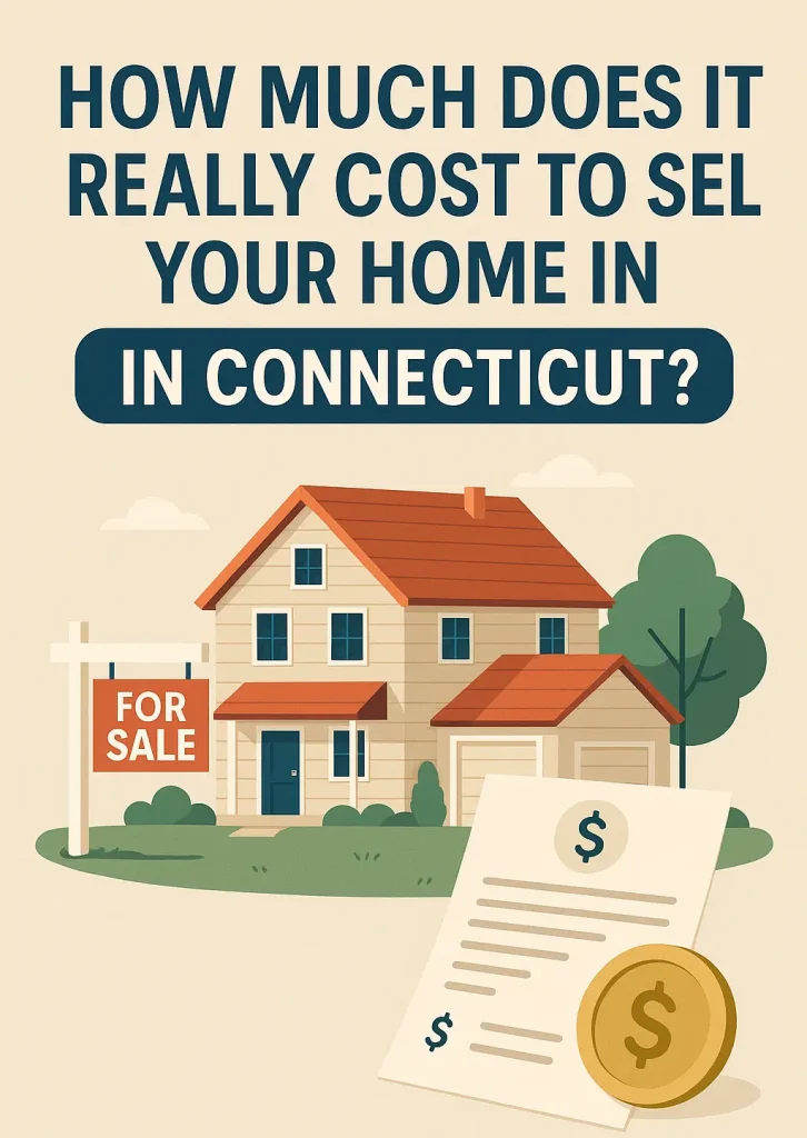 Illustration showing a house for sale with the title “How Much Does It Really Cost to Sell Your Home in Connecticut?” — representing real estate selling costs and home-selling expenses in Connecticut.